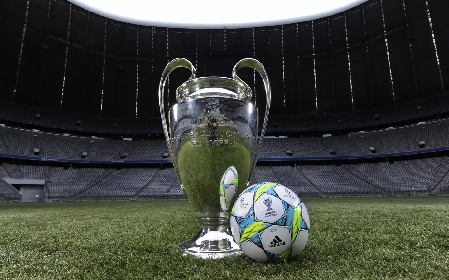UEFA Champions League trophy and official match ball on the pitch of Allianz Arena in Munich, Germany. (Alamy)
