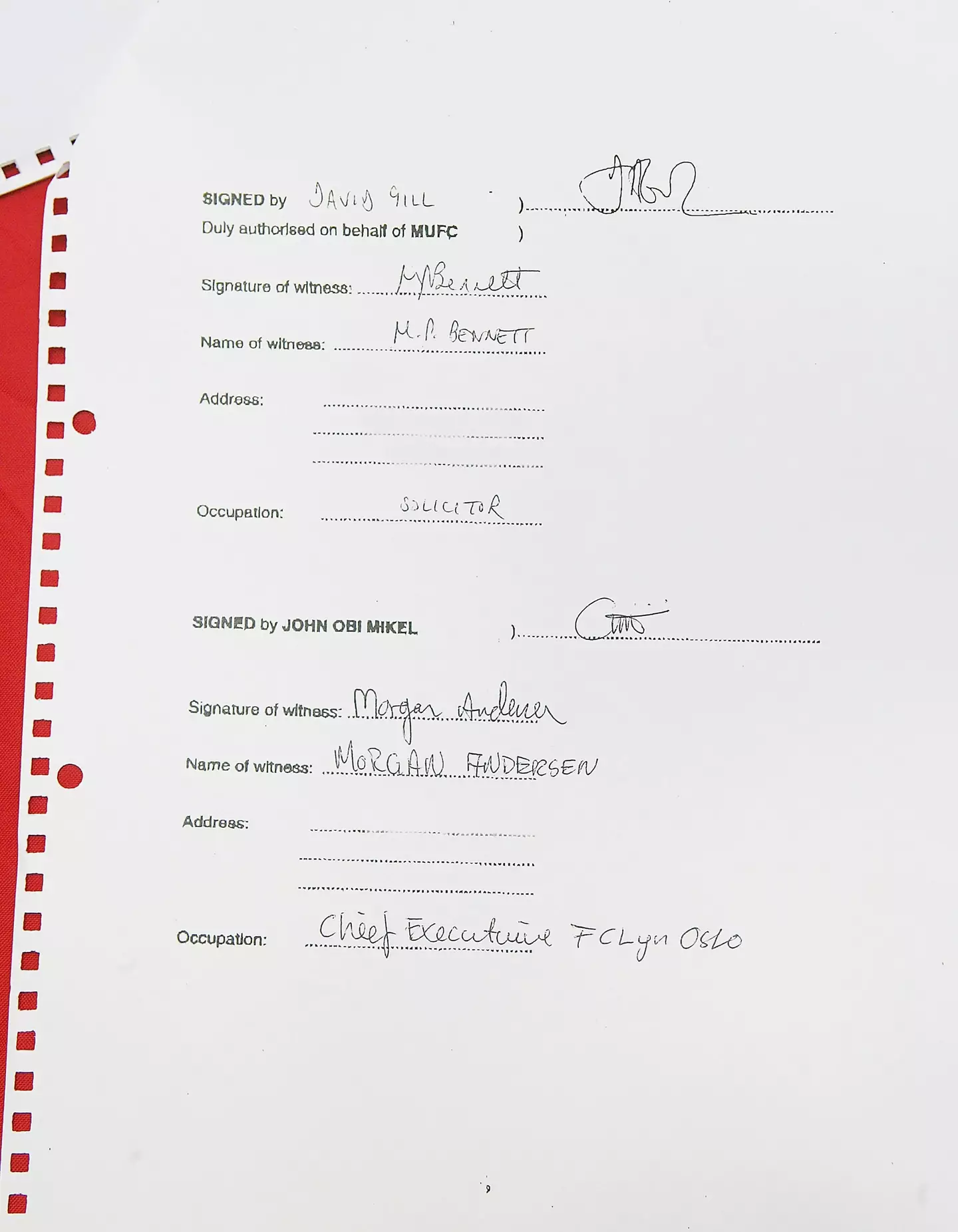 A copy of the contract between Manchester United and John Obi Mikel photographed at Old Trafford on May 12, 2005. Image credit: Getty