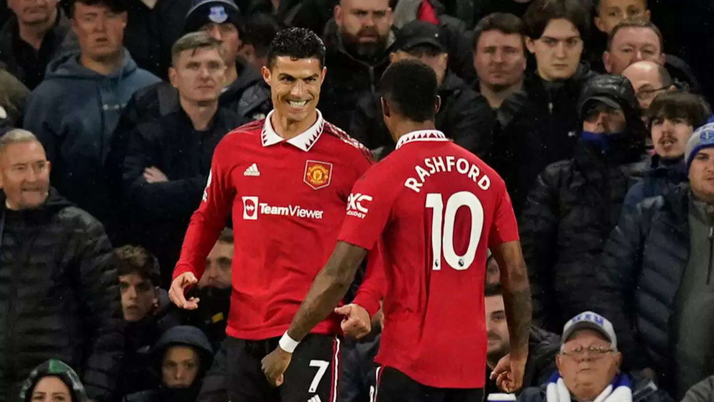 Cristiano Ronaldo and Marcus Rashford against Everton. (Alamy)