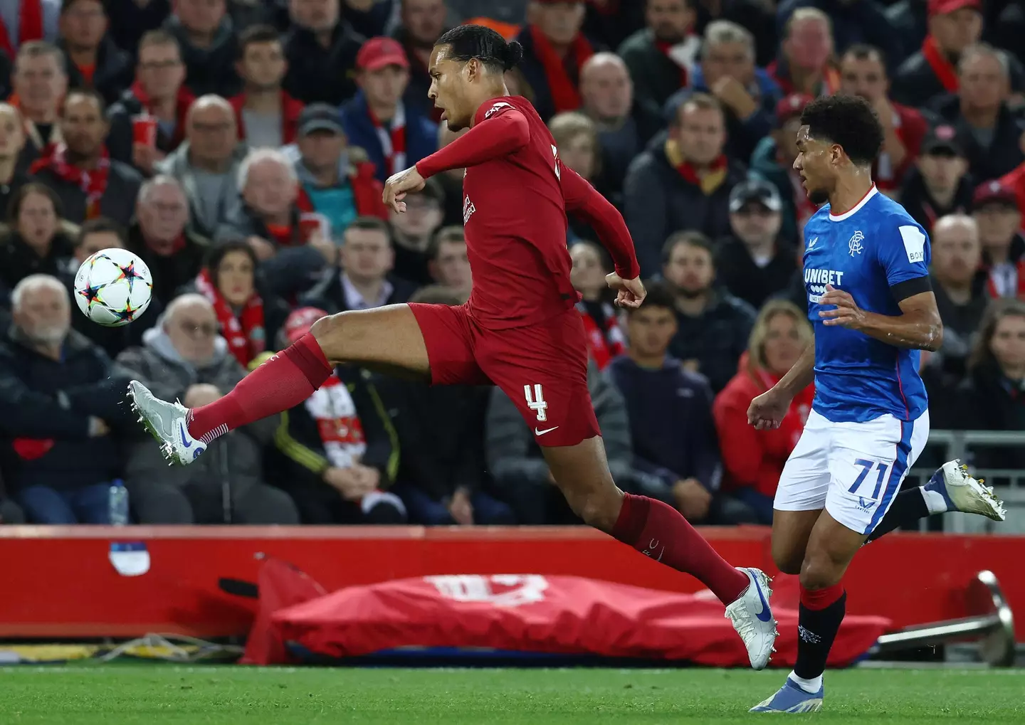 Van Dijk takes the ball away from Tillman. (Image