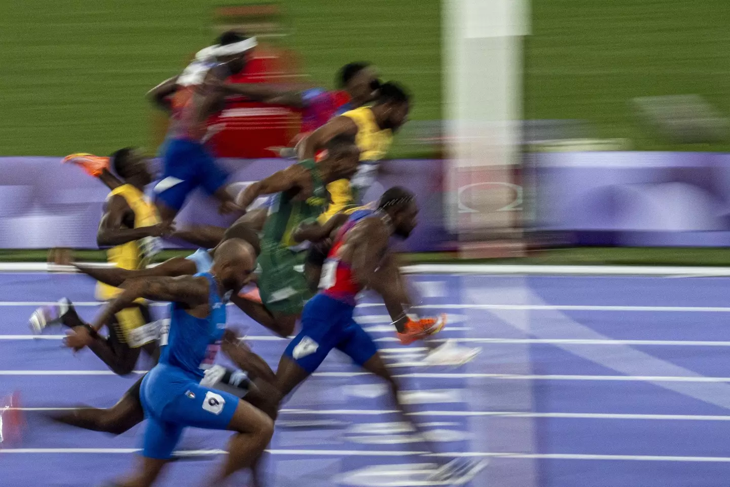 The dramatic finish to the men's 100m final at the 2024 Olympics. Image: Getty