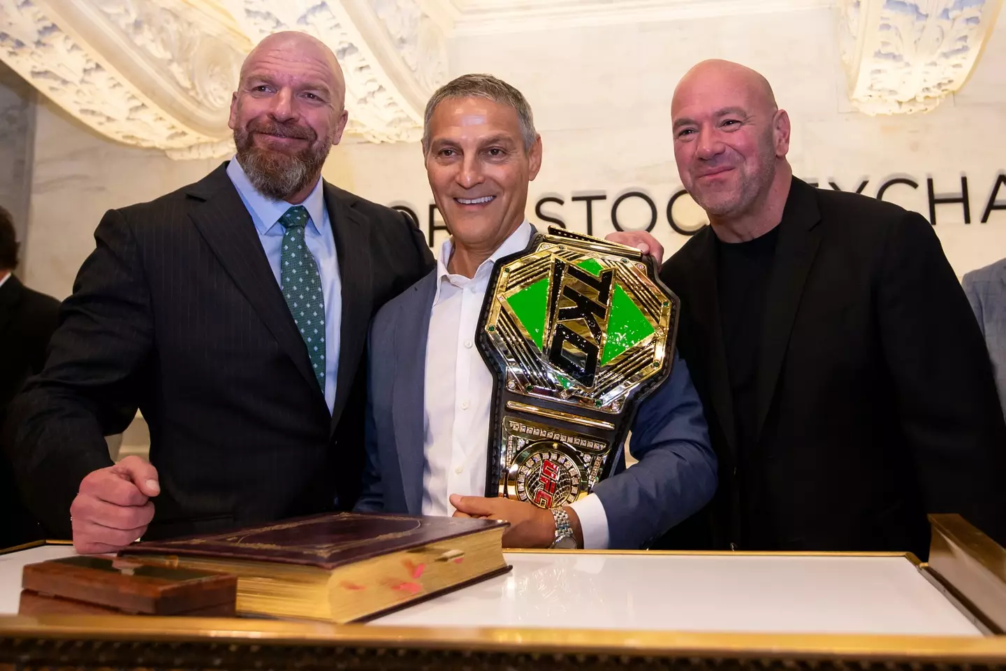 Dana White at the New York Stock Exchange for the UFC-WWE merger. Image: Getty