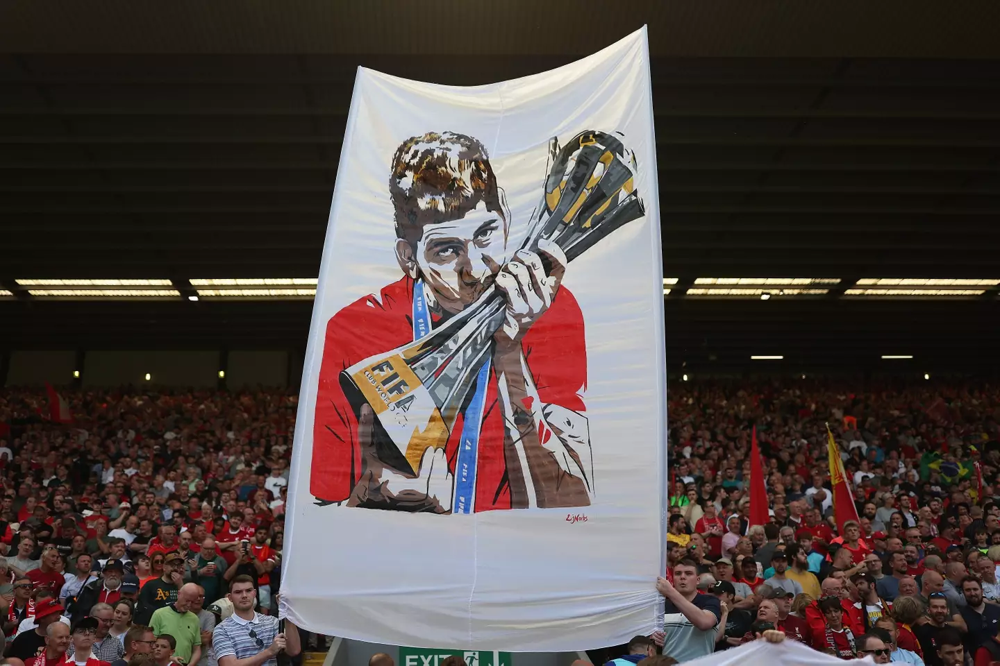 A banner of Roberto Firmino on display during his final Liverpool home game (