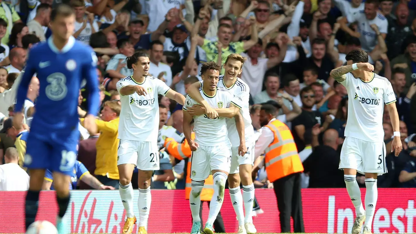 Leeds United's Rodrigo Moreno (centre) celebrates scoring their side's second goal of the game during the Premier League match at Elland Road. (Alamy)
