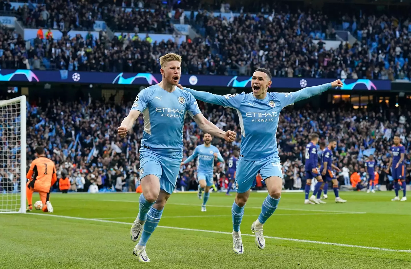 Manchester City's Kevin De Bruyne celebrates after scoring against Real Madrid in the Champions League semi-final (Image: Sportimage / Alamy)