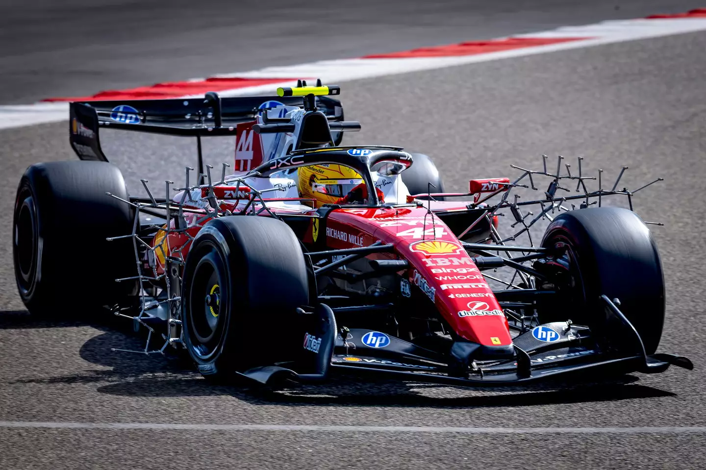 Lewis Hamilton on track in Bahrain. Image: Getty