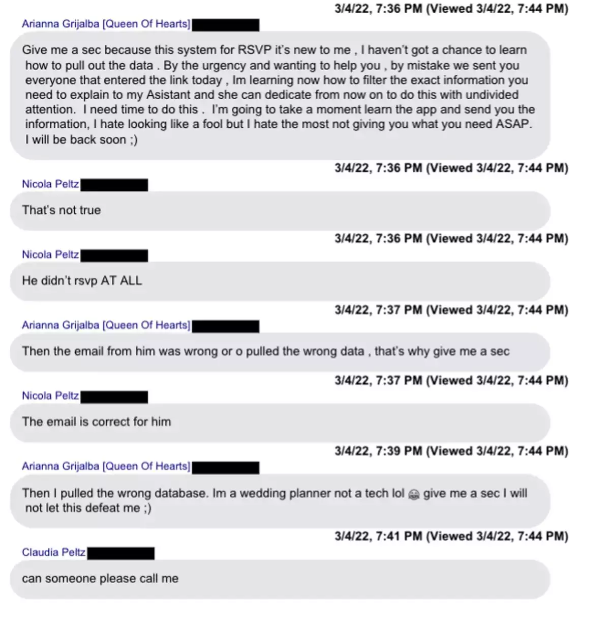 A selected number of alleged texts sent between Nicola Peltz and Arianna Grijalba (Image: CIRCUIT COURT OF THE ELEVENTH JUDICIAL CIRCUIT IN AND FOR MIAMI-DADE COUNTY, FLORIDA)