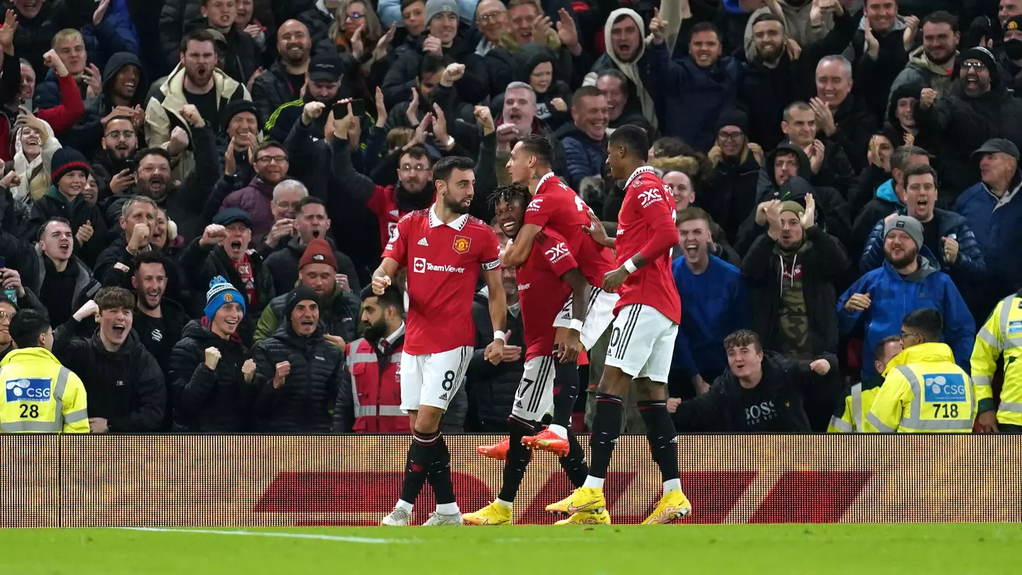 Manchester United's Fred celebrates scoring their side's first goal of the game during the Premier League match at Old Trafford. (Alamy)