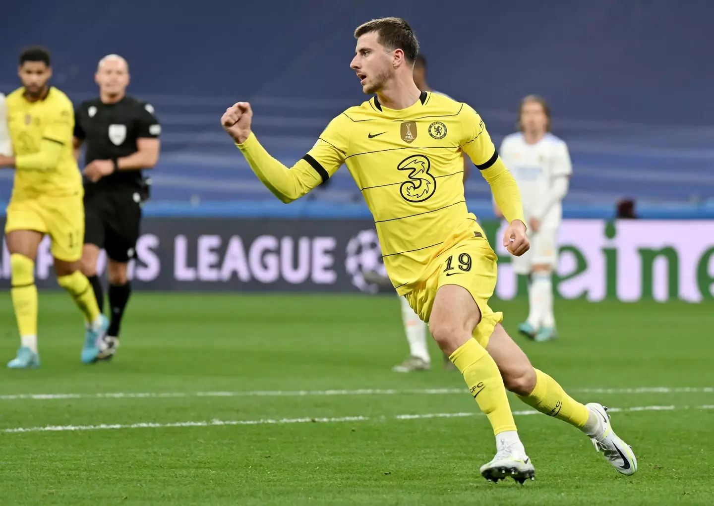 Mason Mount scores for Chelsea against Real Madrid in the Champions League quarter-finals. (Alamy)