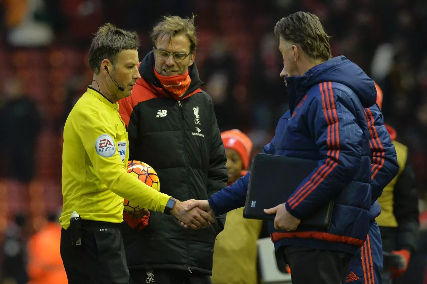Jurgen Klopp speaks to Mark Clattenburg after Liverpool's game against Manchester United in 2016. Image: Getty