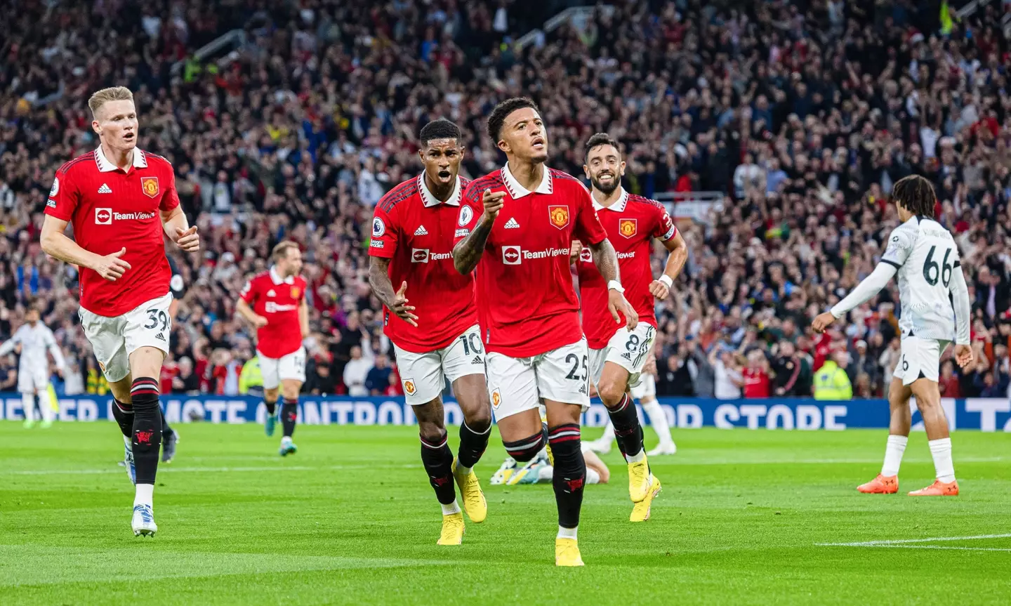 Sancho celebrates his goal against Liverpool. (Alamy)