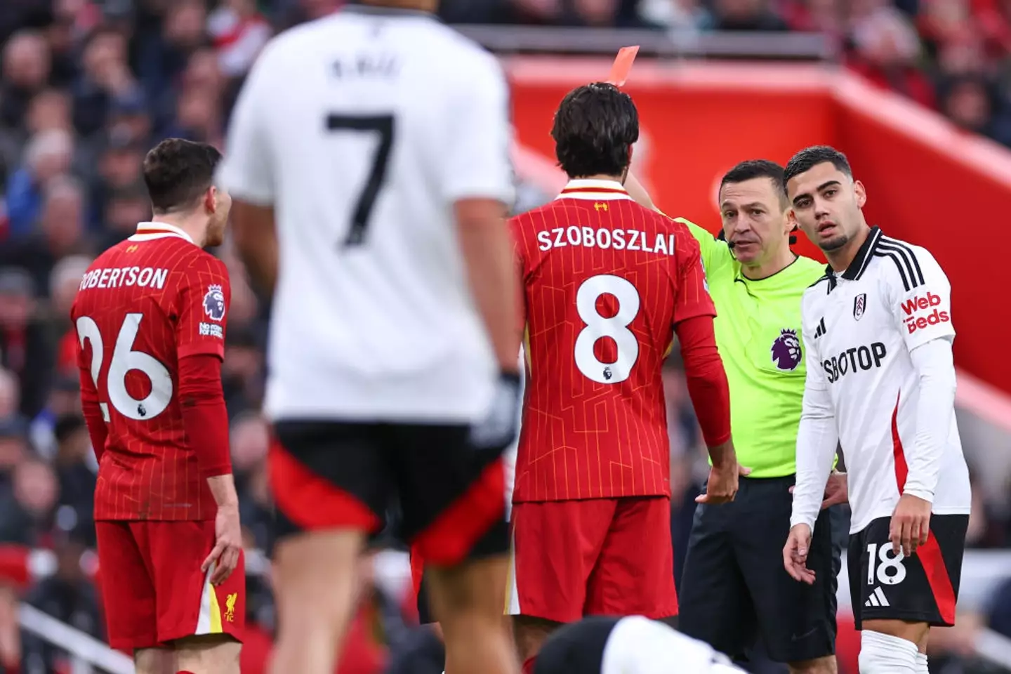 Liverpool's Andrew Roberson was sent off during the 2-2 draw with Fulham. (Image: Getty)