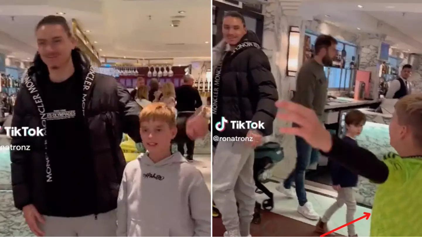 Darwin Nunez's reaction to kid revealing Man United top after they posed for photo is priceless