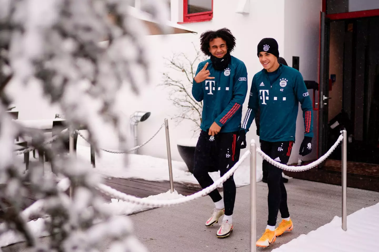 Joshua Zirkzee and Jamal Musiala pictured before a Bayern Munich training session -