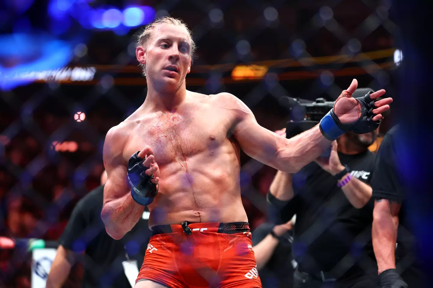Paddy Pimblett celebrates his victory over Michael Chandler at UFC 314. Image: Getty