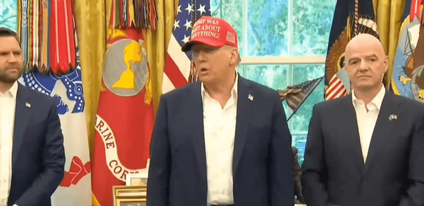 Trump was flanked by FIFA president Infantino during the Oval Office press conference (Image: White House)