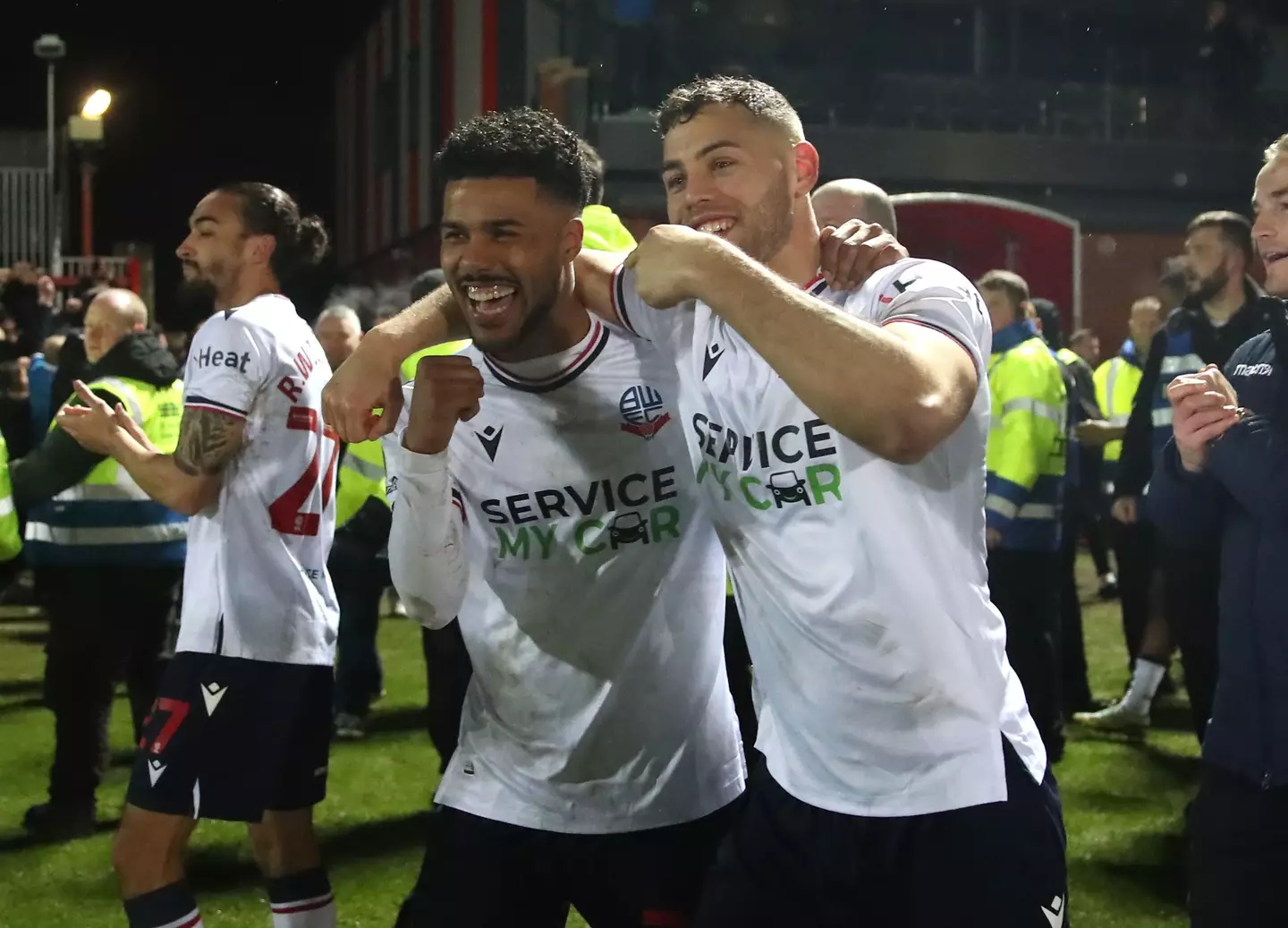 Bolton Wanderers players Elias Kachunga and Dion Charles celebrate reaching the final. Image: Alamy