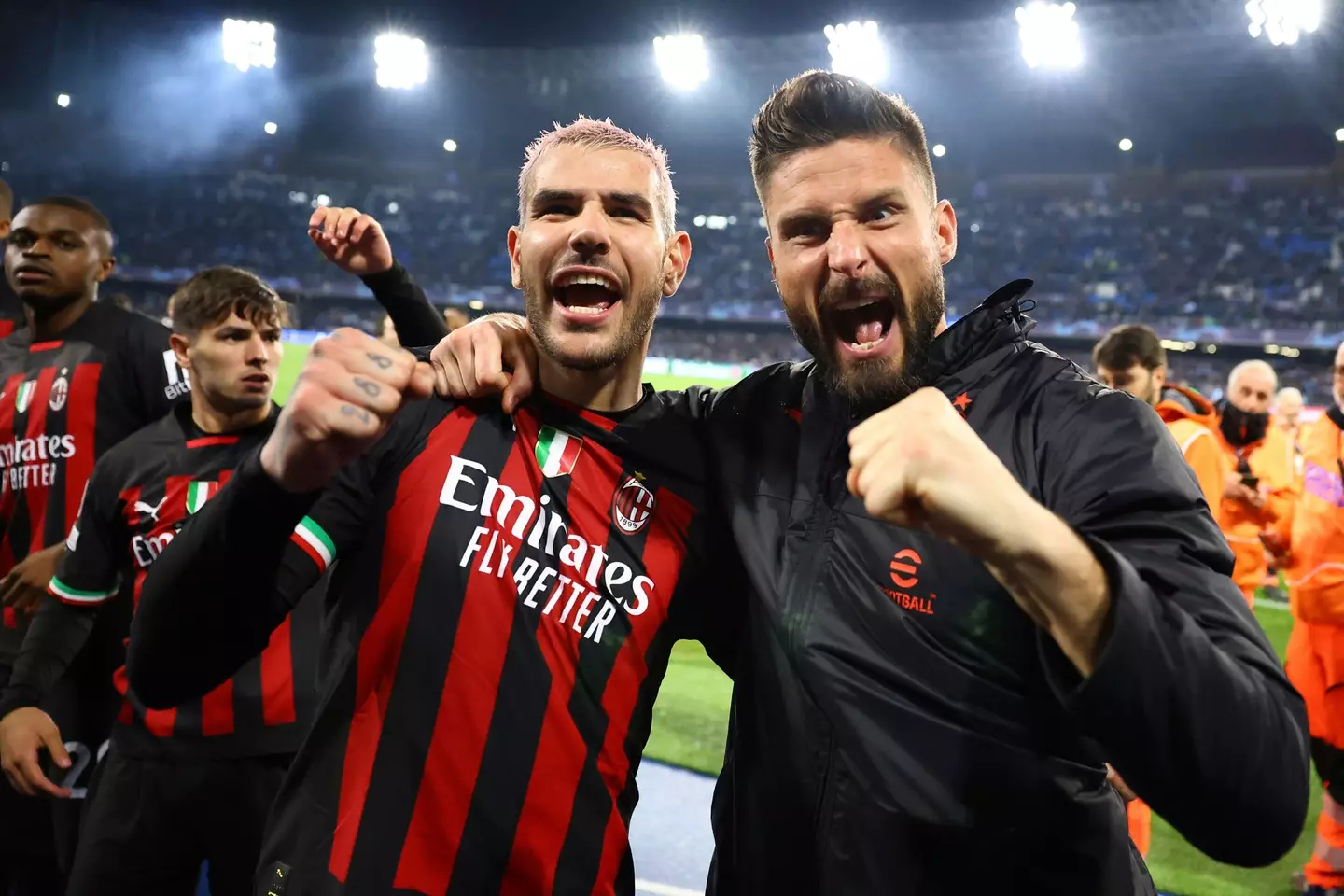 Theo Hernandez celebrates with Giroud after Milan made it through to the final four of the Champions League. Image: Alamy