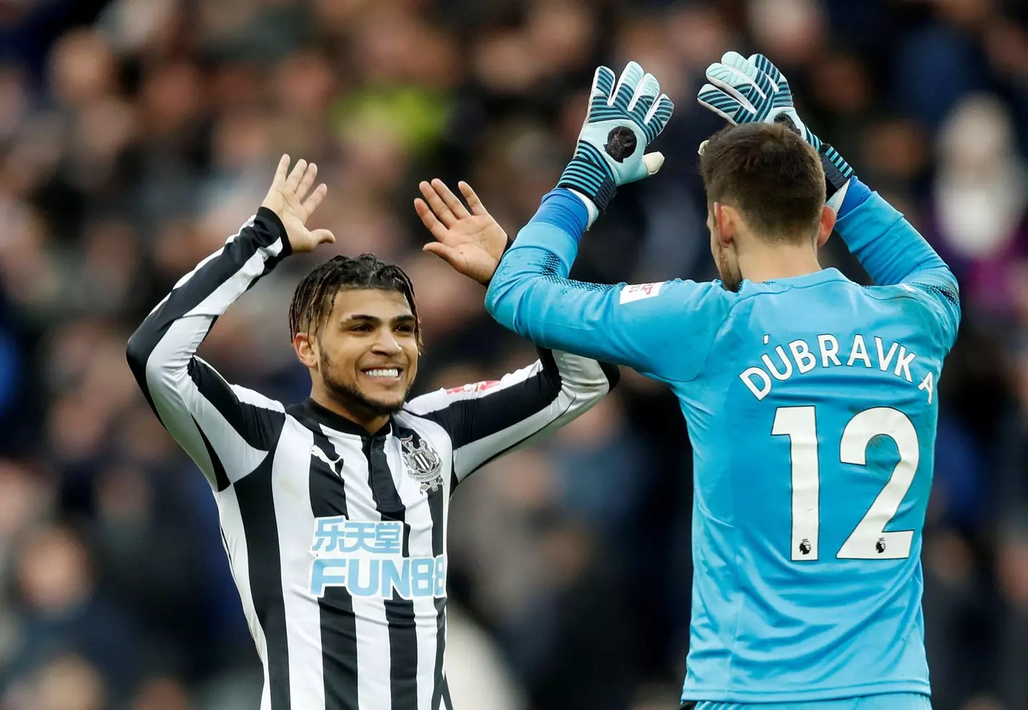 Martin Dúbravka and DeAndre Yedlin celebrate beating Man United 1-0 on the goalkeeper's Newcastle debut (Alamy)