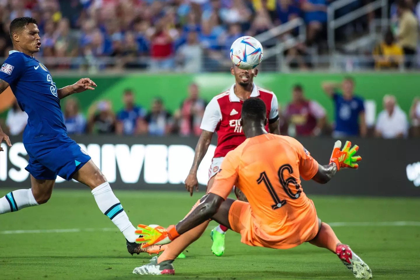 Arsenal FC forward Gabriel Jesus (9) scores over Chelsea FC goalkeeper Eduard Mendy (16) during the Florida Cup match between Arsenal FC and Chelsea FC. (Alamy)