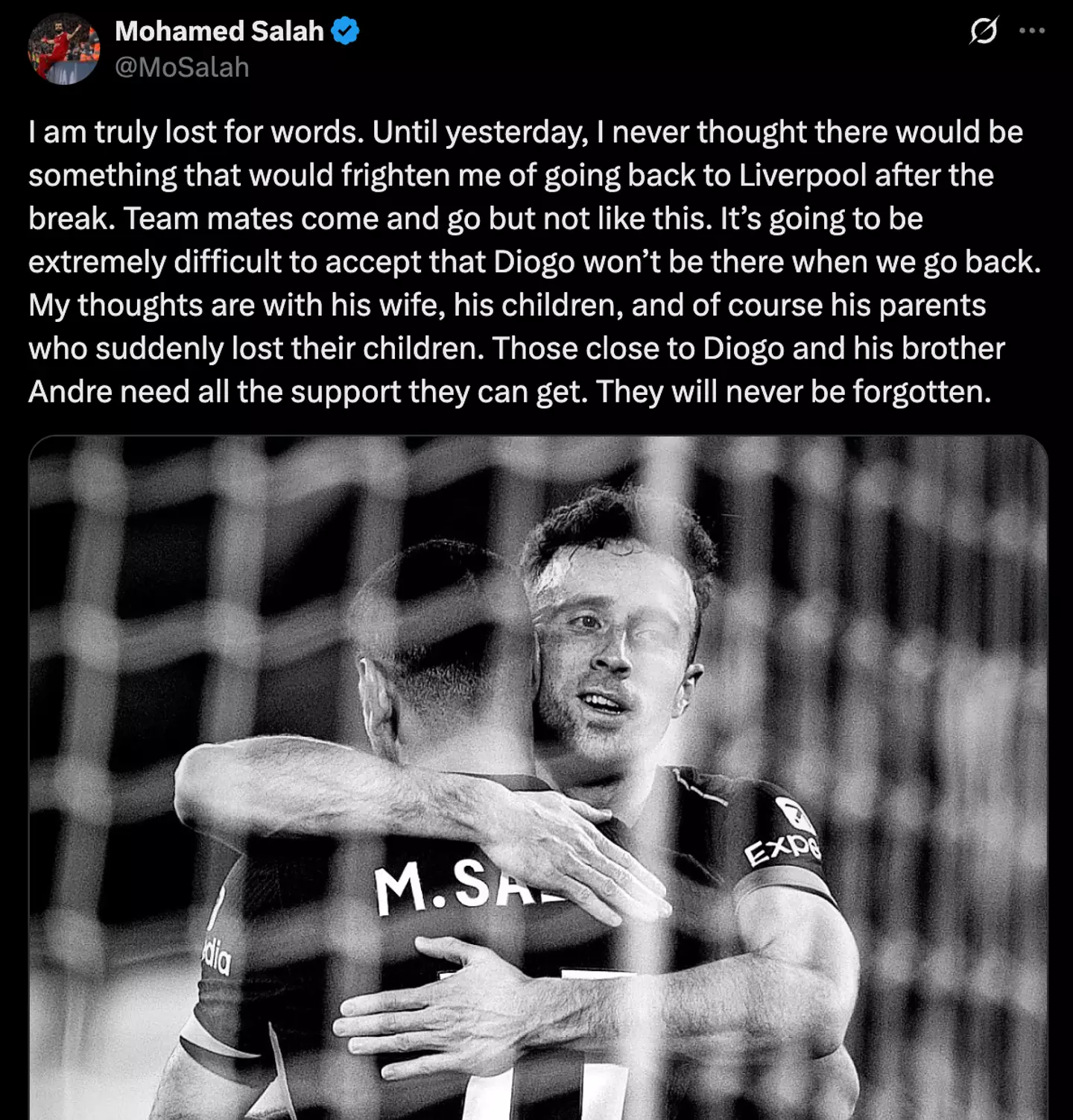 Mo Salah's tribute to Liverpool team-mate Diogo Jota (Image: Twitter/@MoSalah)