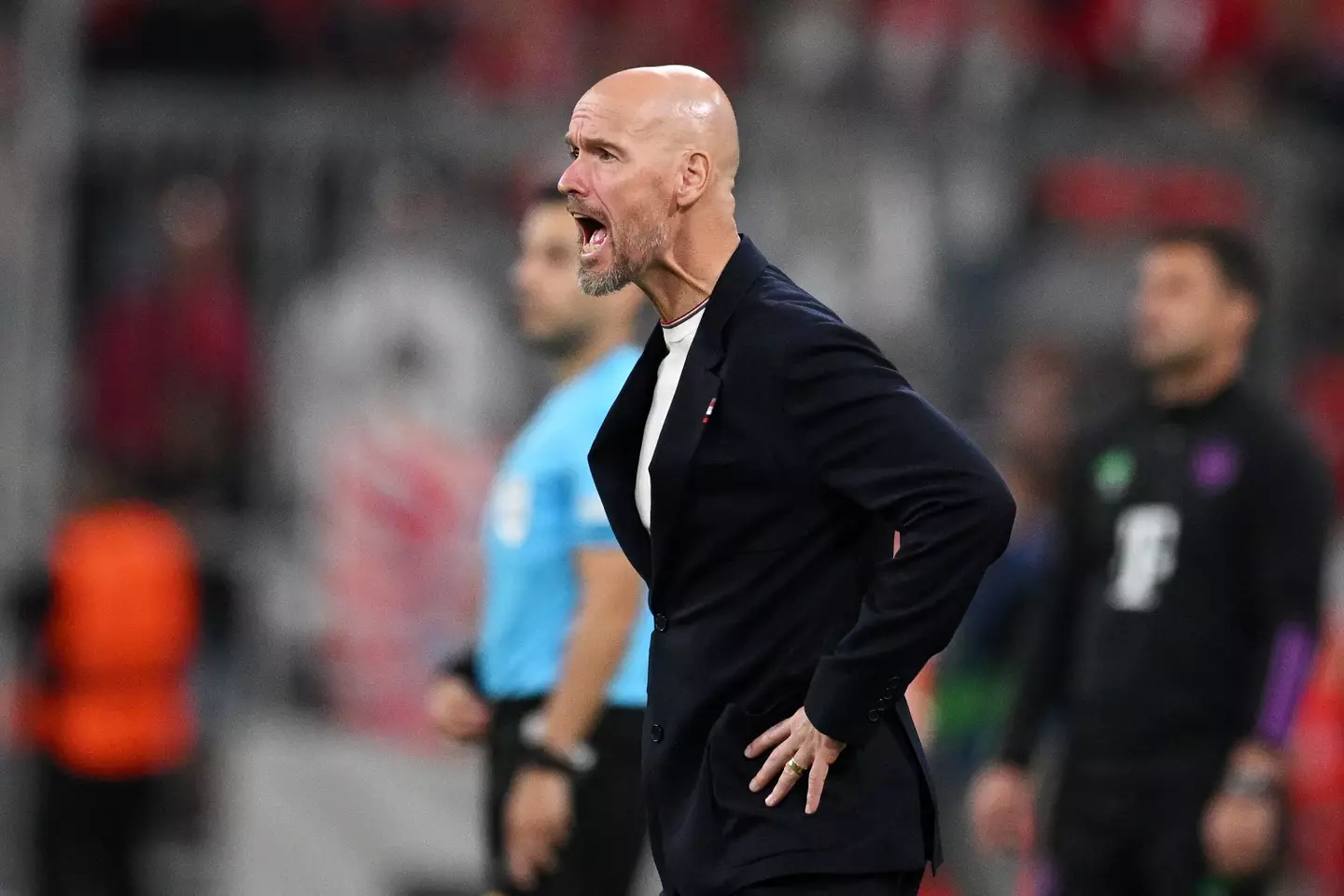 Erik ten Hag on the touchline against Bayern Munich. Image: Getty 