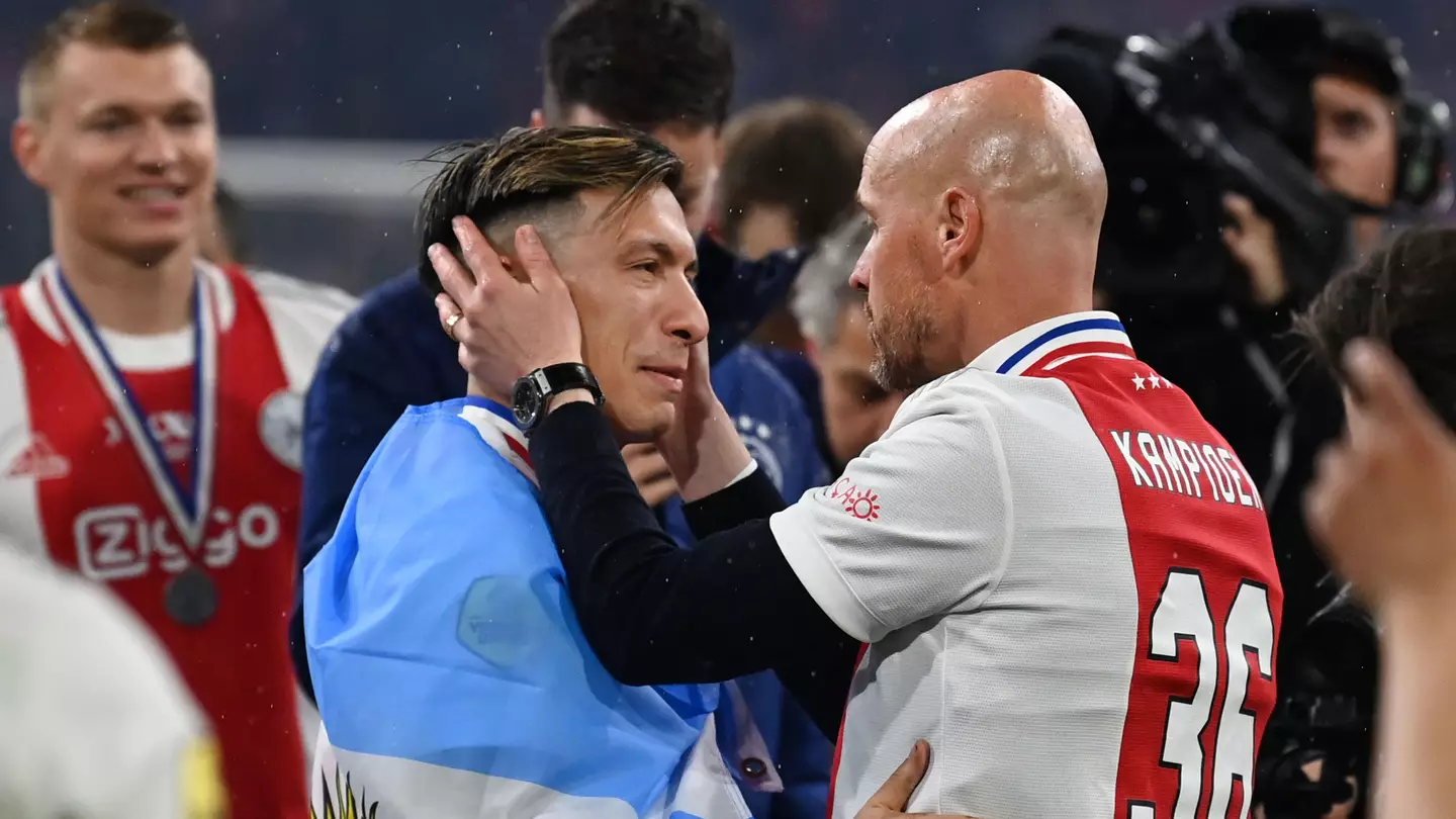 Erik ten Hag and Manchester United target Lisandro Martinez celebrating Ajax's latest league title win. (Alamy)