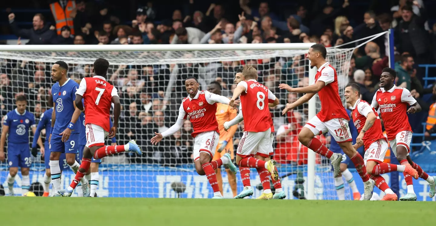 Arsenal defender Gabriel celebrates scoring against Chelsea (