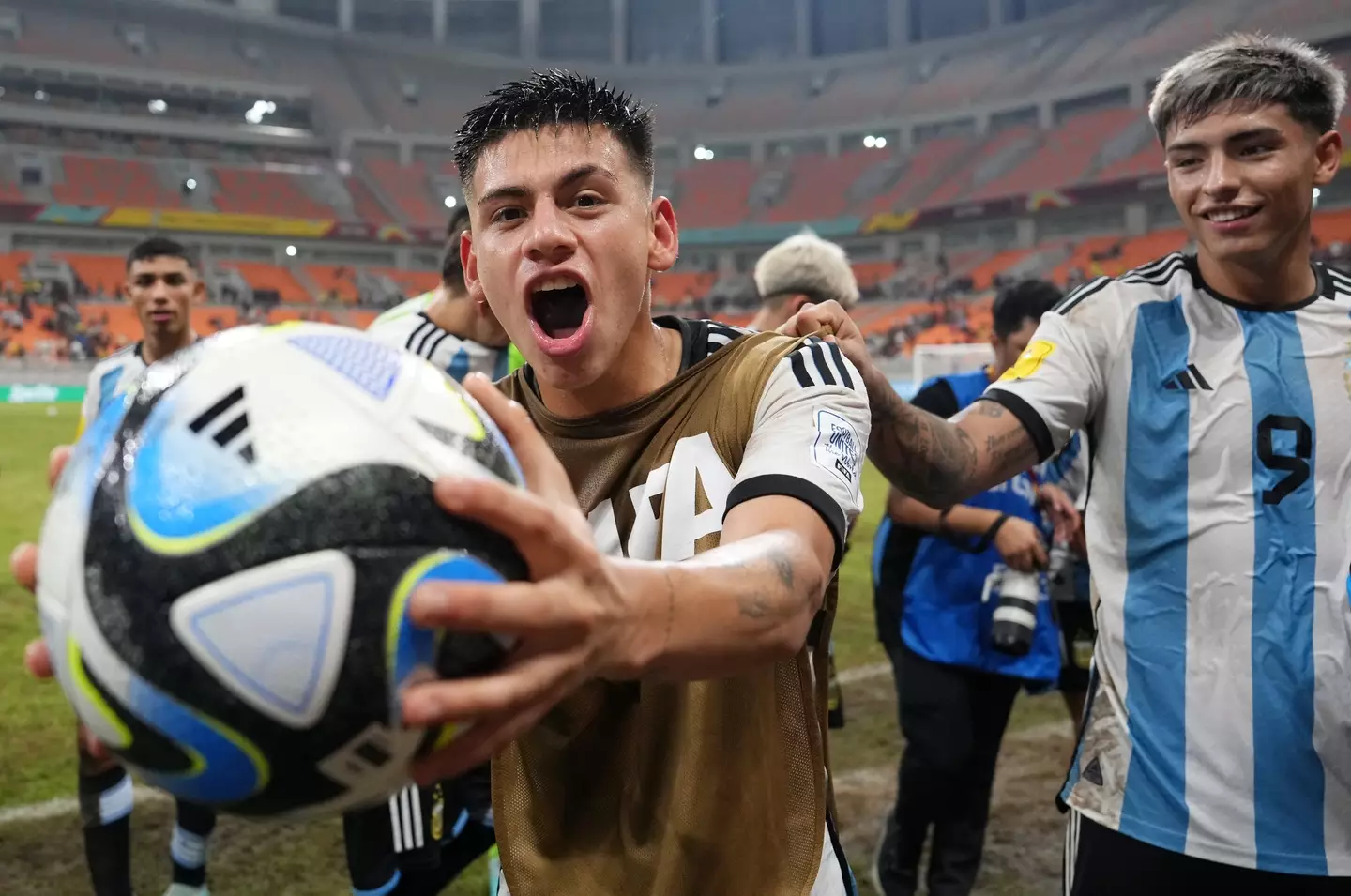 Echeverri with his match ball at full-time. (Image