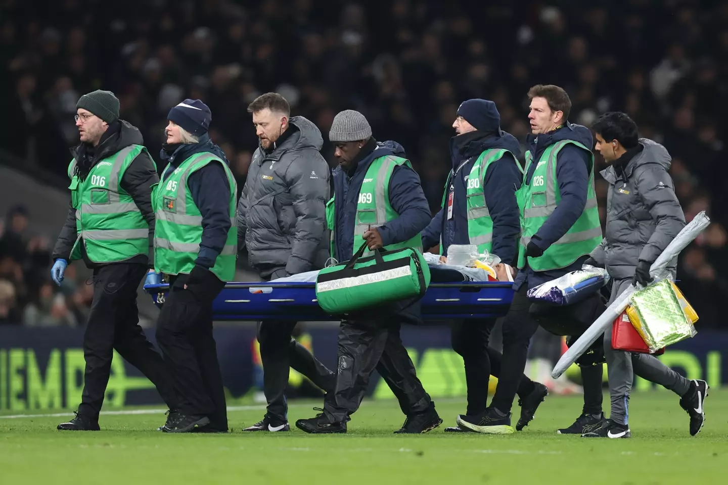 Spurs provided a positive update on Rodrigo Bentancur after he was stretchered off. Image: Getty