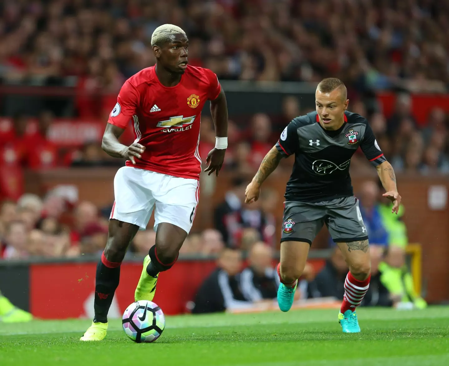 Paul Pogba playing in his second debut for Manchester United against Southampton at Old Trafford |