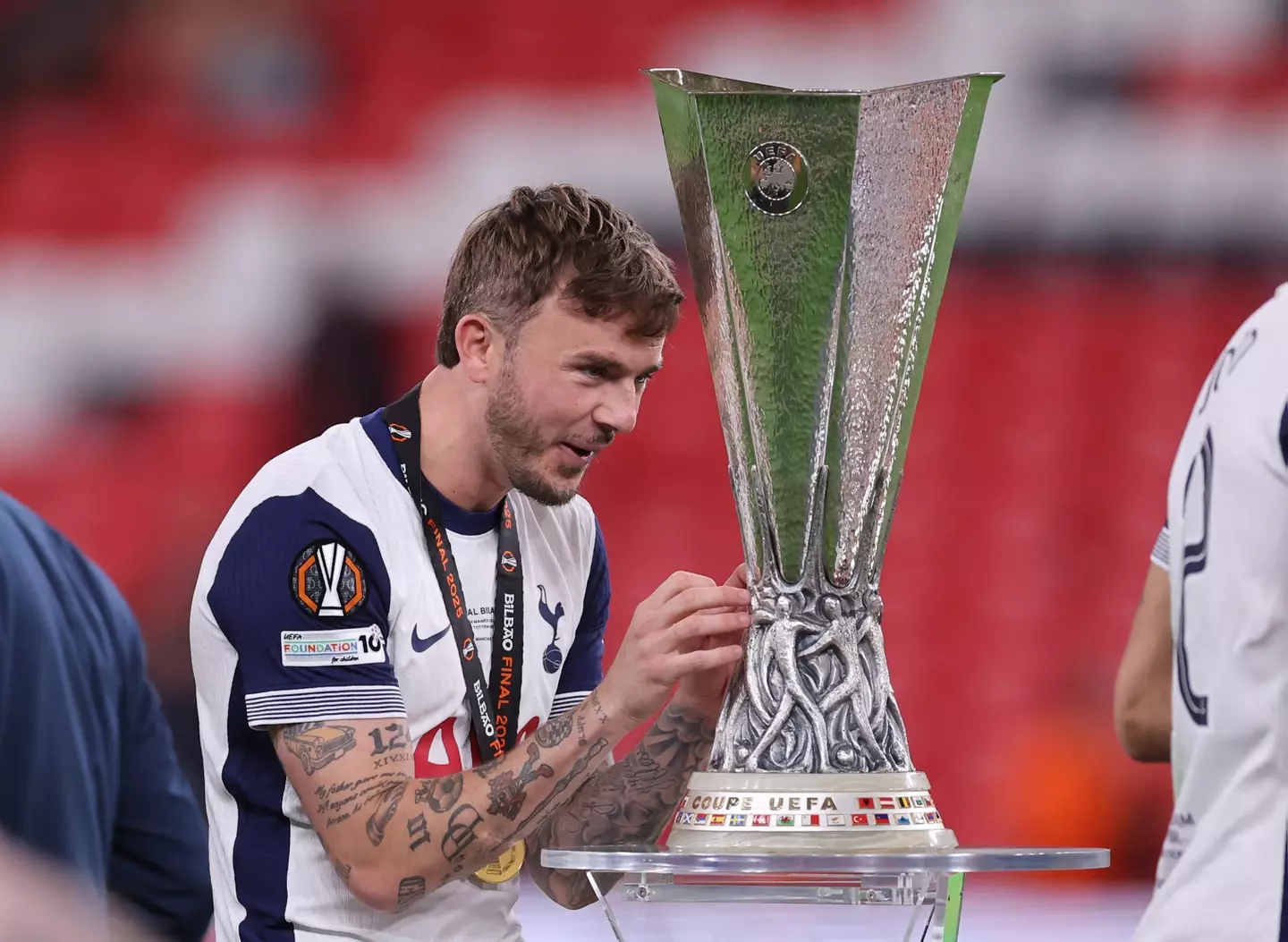 James Maddison had his full kit on for the Europa League trophy lift. Image: Getty