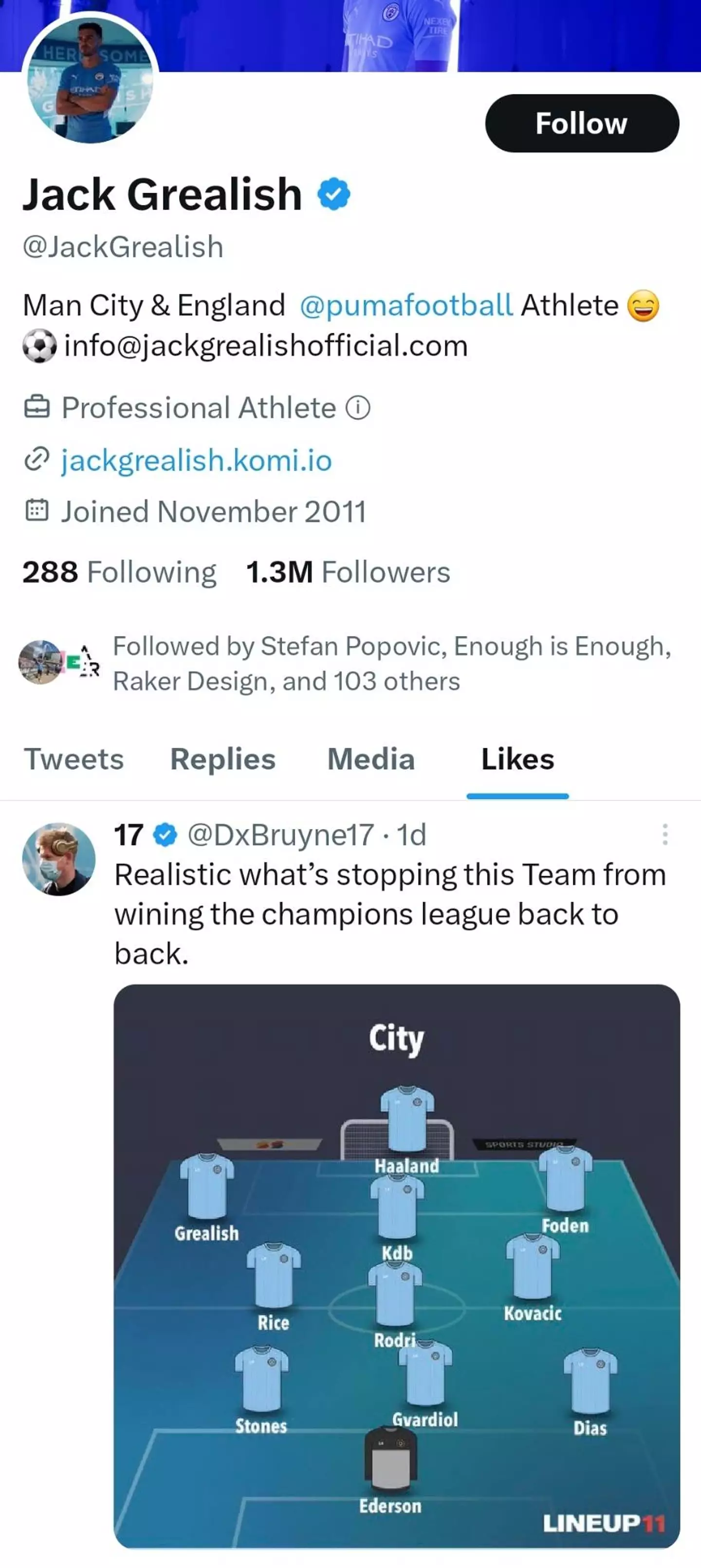 Grealish's likes hold the key. Image: Twitter