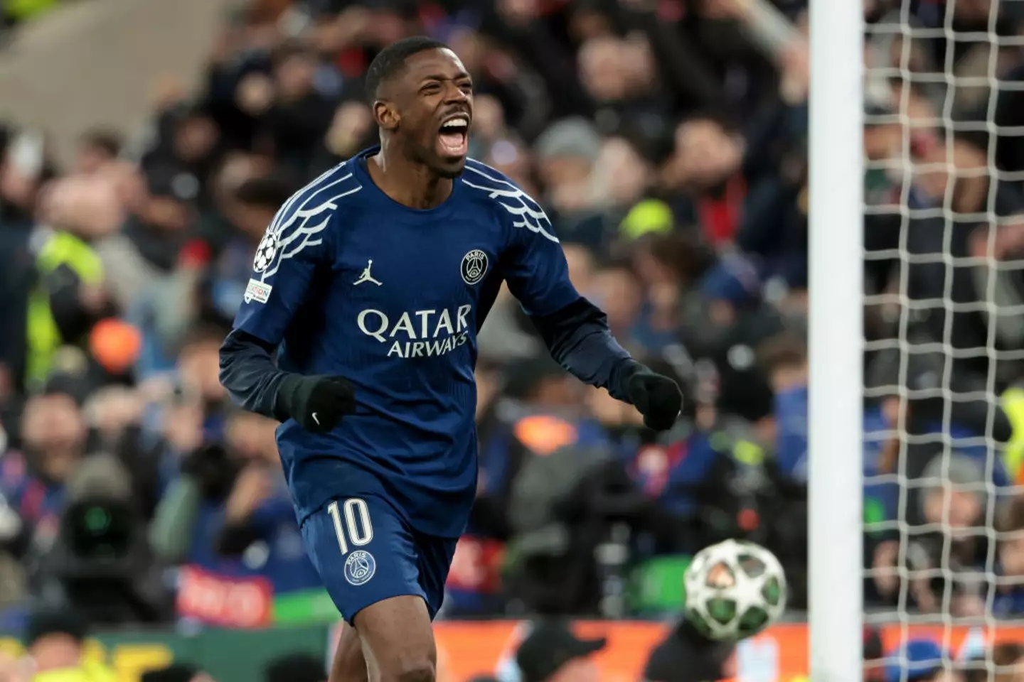 PSG star Ousmane Dembele celebrates after scoring against Liverpool (Image: Getty)