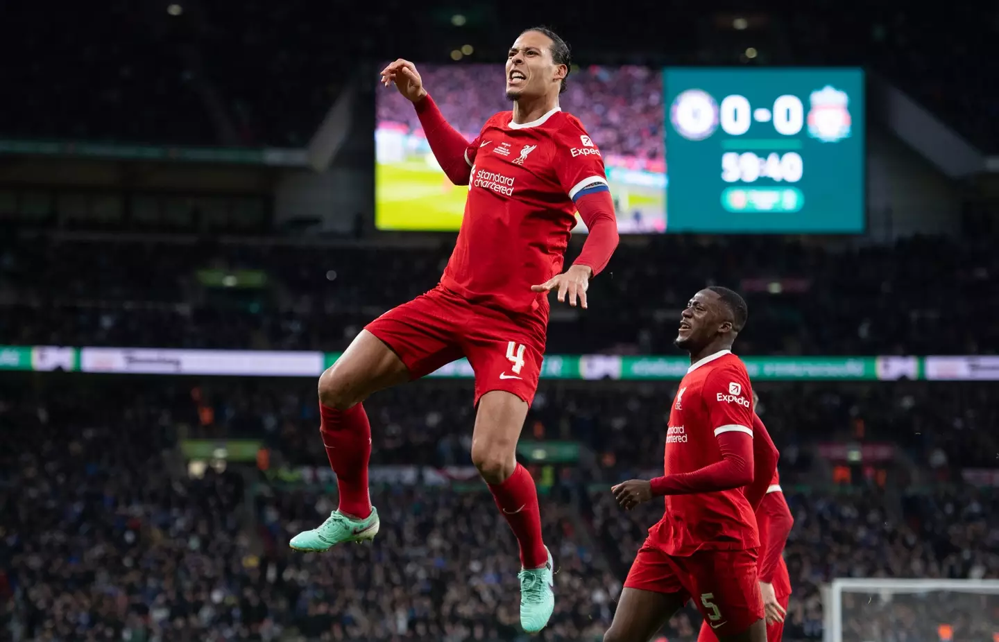 Virgil van Dijk celebrates scoring Liverpool's goal in the Carabao Cup final. Image: Getty