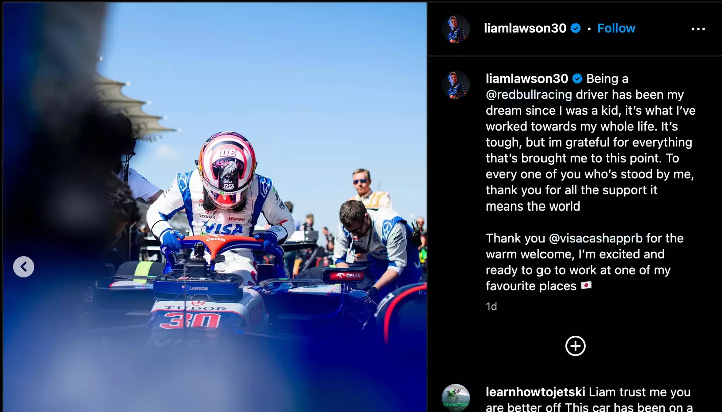 Lawson was demoted by Red Bull on Thursday (Image: Instagram/Liam Lawson)