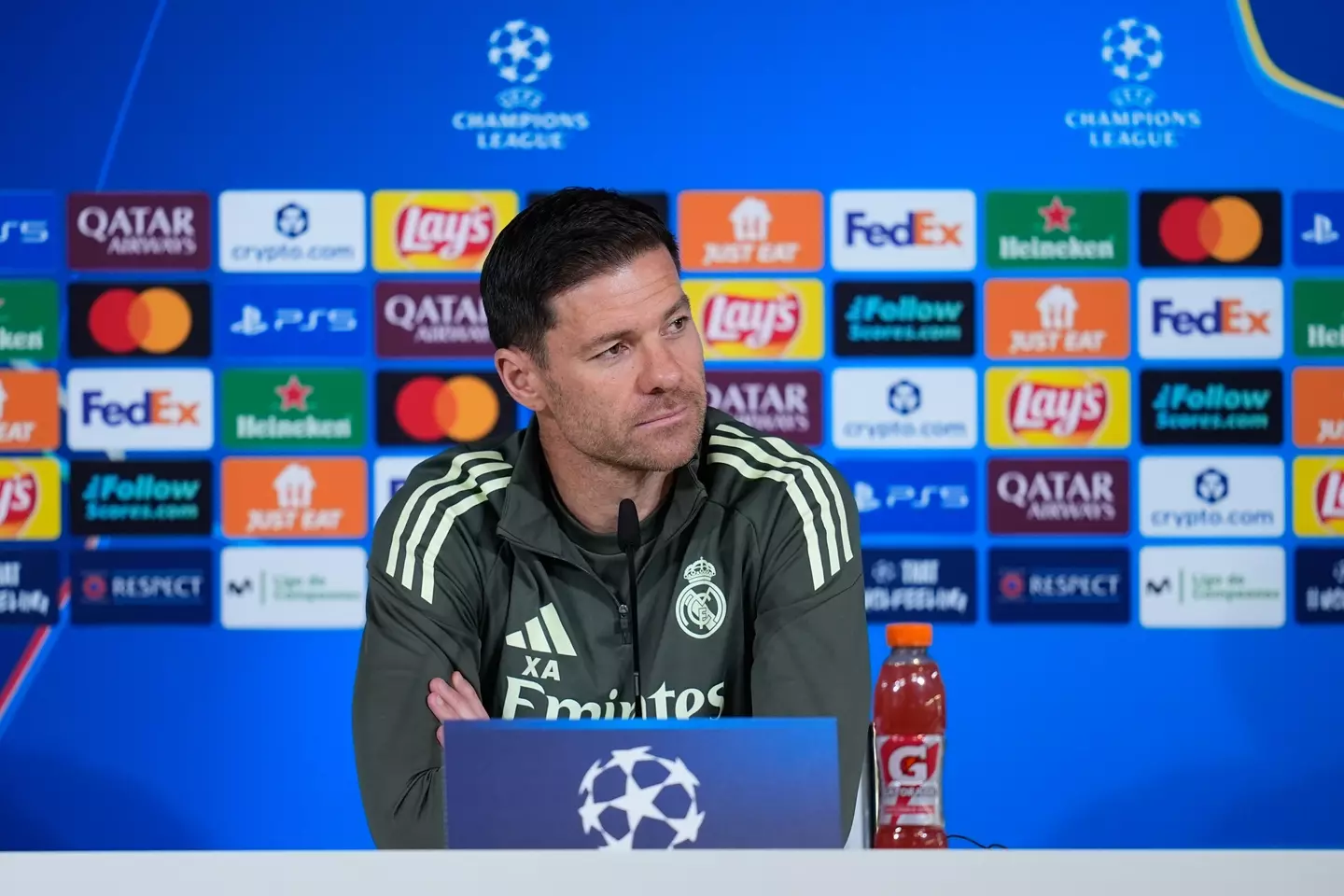 Xabi Alonso speaking to the press ahead of the Champions League match (Image: Getty)