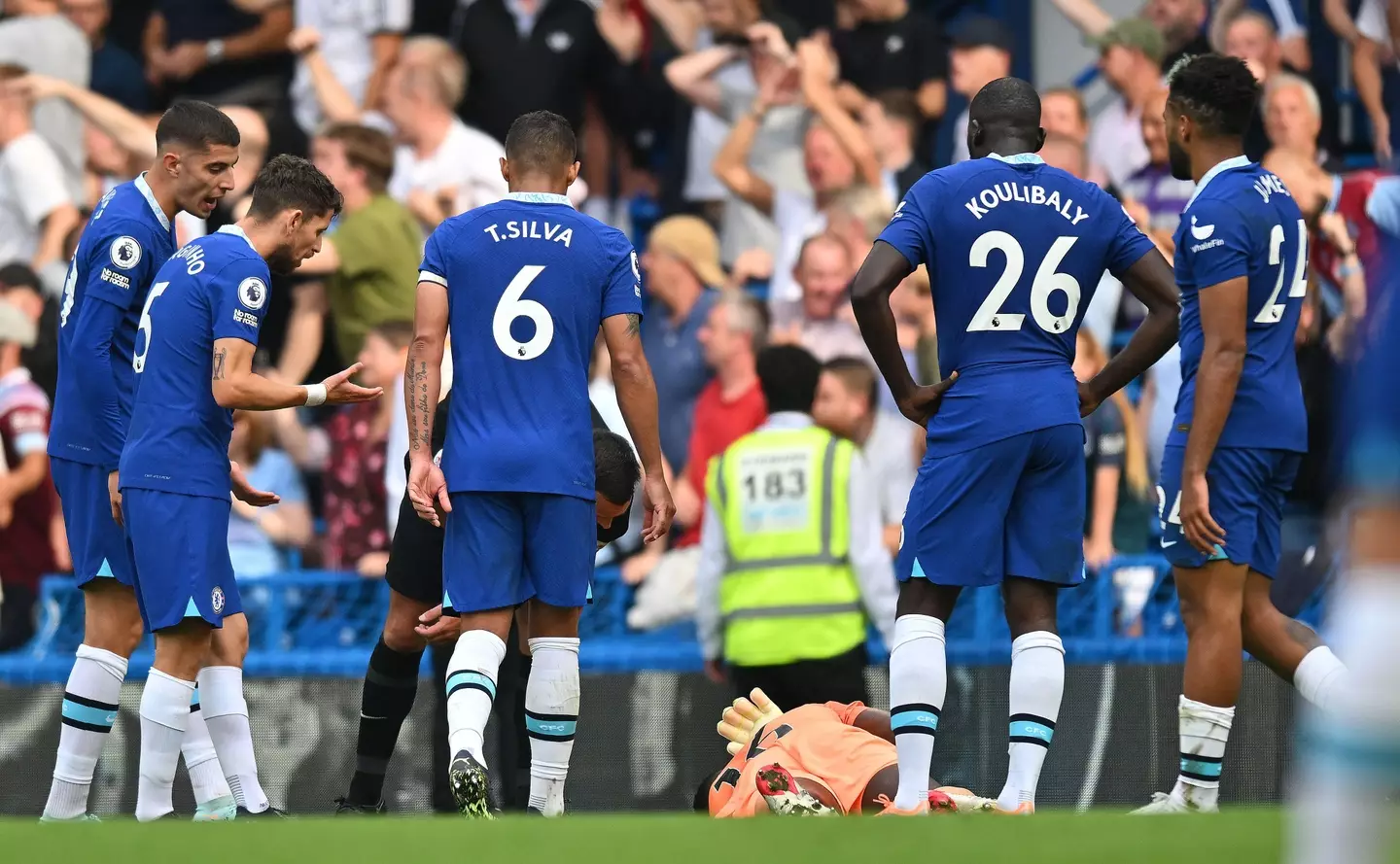 Edouard Mendy was injured in the buildup to Maxwel Cornet's disallowed goal for West Ham. (Alamy)