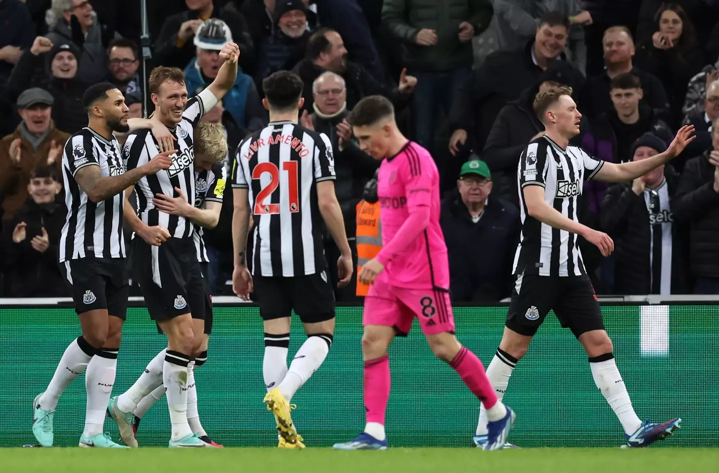 Newcastle United celebrate scoring a goal against Fulham. Image: Getty