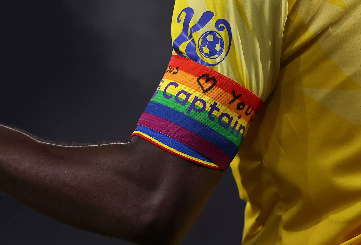 Marc Guehi wrote a message on his rainbow armband for the second game running. Image: Getty