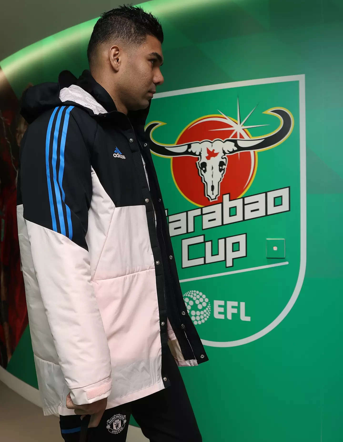 Casemiro and United teammates wore tracksuits to the 2023 Carabao Cup final. Image: Getty