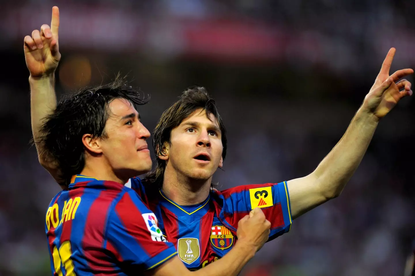 Bojan Krkic and Lionel Messi celebrate a Barcelona goal. Image: Getty