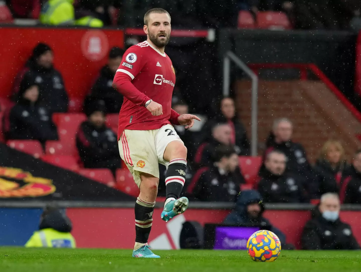 Luke Shaw on the ball at Old Trafford for Manchester United |