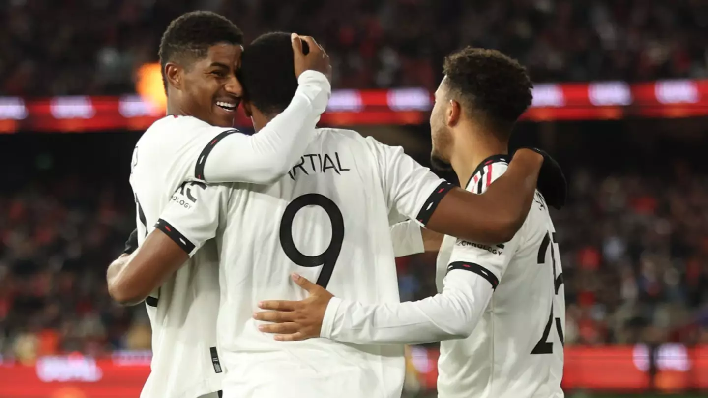 Marcus Rashford, Anthony Martial and Jadon Sancho celebrate scoring against Crystal Palace. (Man Utd)