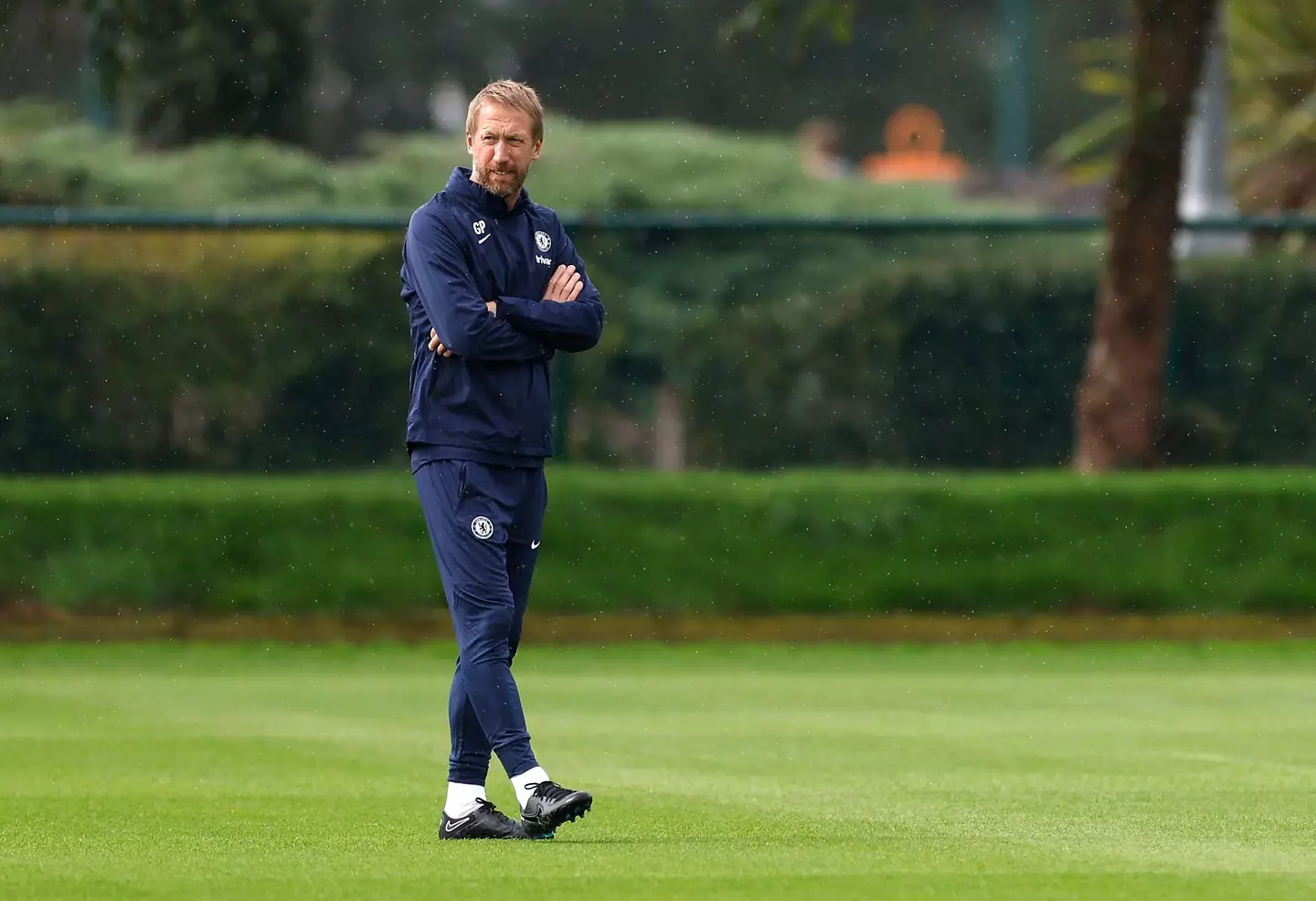 Graham Potter watching on as Chelsea players train at Cobham. (Alamy)