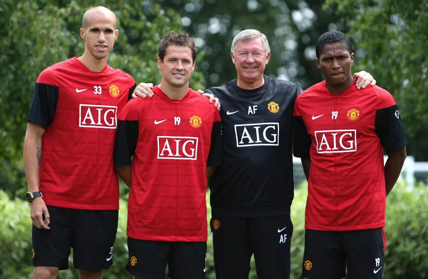 From left to right: Gabriel Obertan, Michael Owen, Sir Alex Ferguson and Antonio Valencia at Man United's Carrington training ground (Alamy)