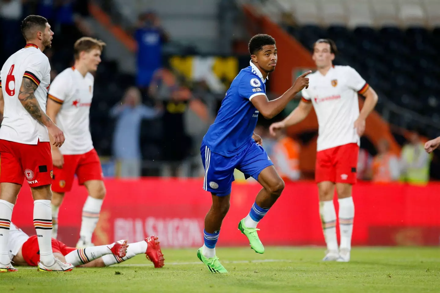 Leicester City's Wesley Fofana celebrates scoring their third goal against Hull City in pre-season. (Alamy)