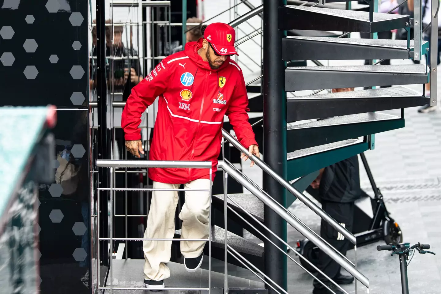 Lewis Hamilton was pictured at the Mercedes motorhome. Image: Getty
