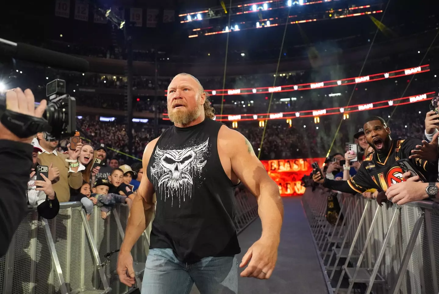 Brock Lesnar tripped up during his entrance on Raw. Image: Getty