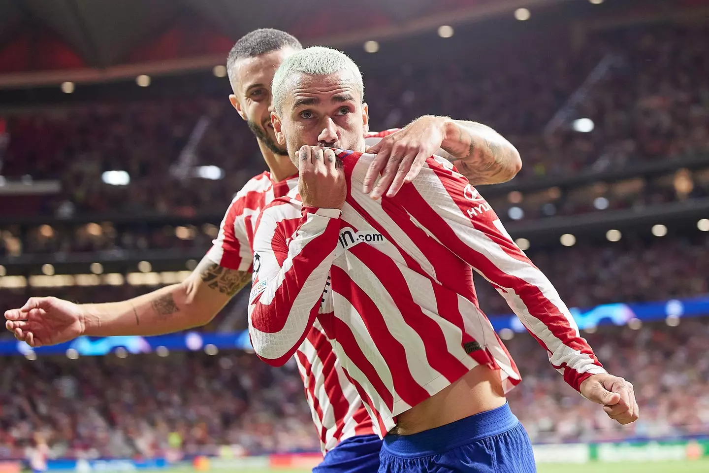 Griezmann celebrates scoring in the Champions League. Image: Alamy